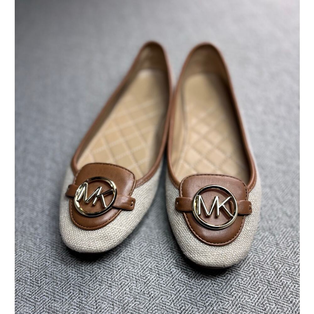 Michael Kors Sz 9M Women's Flats Tan Gold Logo Canvas Shoes